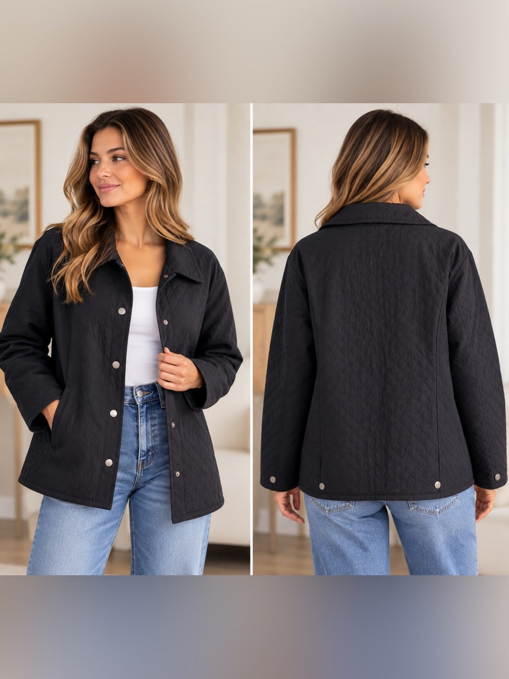 Kim Rogers Black Quilted Utility Jacket with Snap Buttons